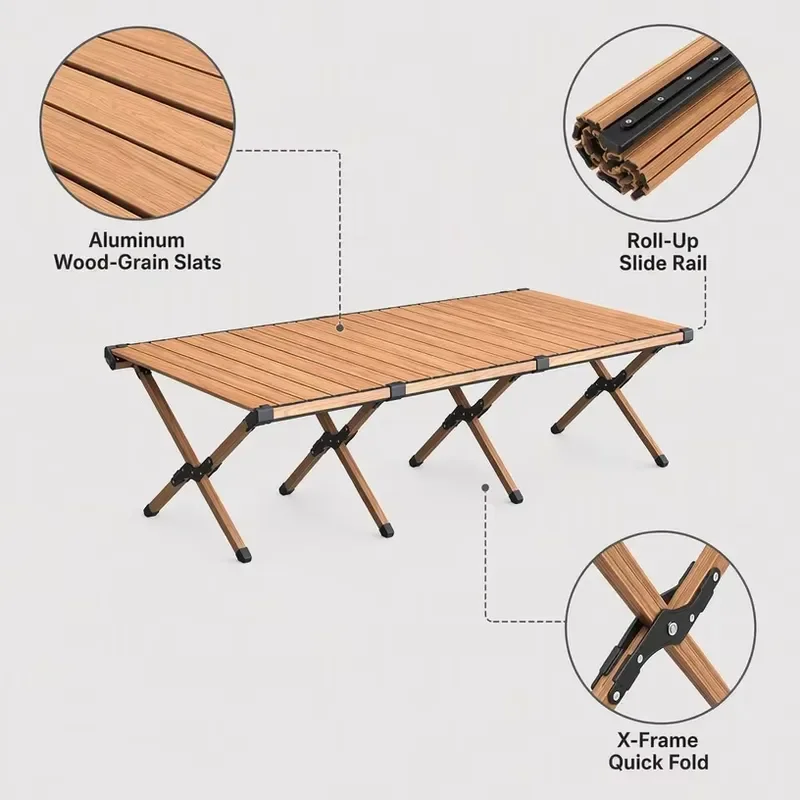 Aluminum Roll Up Camping Table Portable Folding Picnic Desk Wood Grain Surface X Frame Structure Lightweight Outdoor Bar
