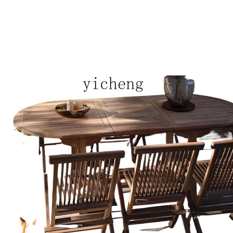 ZF Outdoor Retractable Solid Wood Dining Table Courtyard Teak Oval Folding Table and Chair Combination