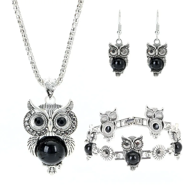 Unique Silver Plated Wisdom Owl Shape 3 Colors Turquoises Stone Necklace Drop Earrings Bracelet Animal Jewelry Sets