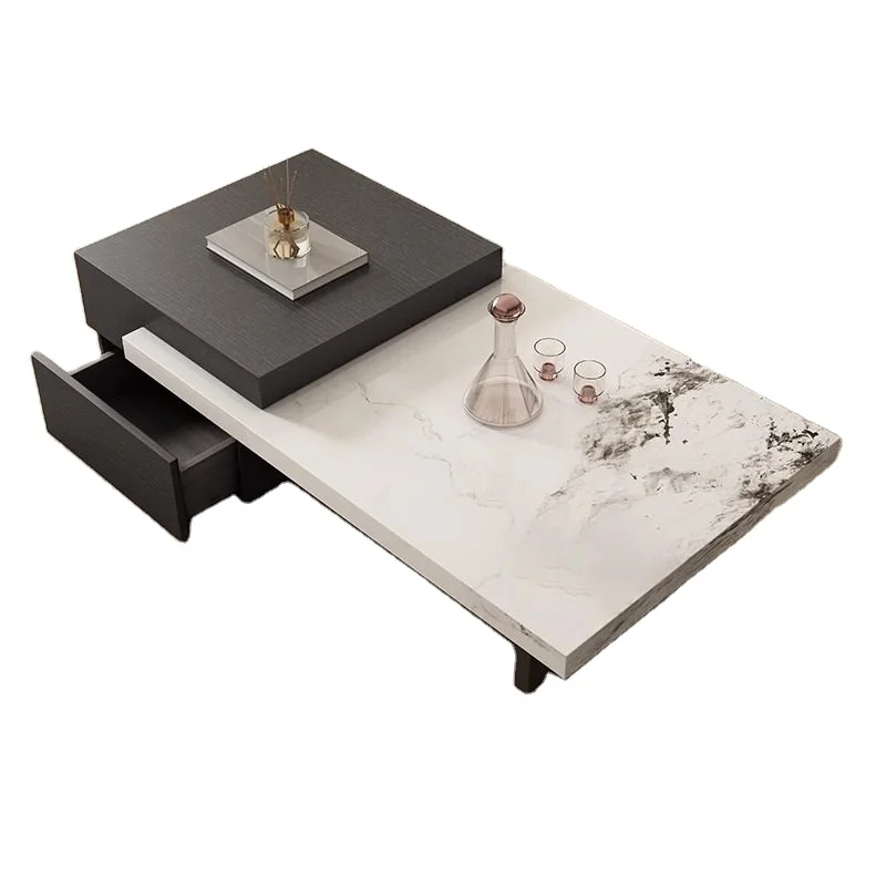 # Minimalist Chic Coffee Table: Sintered Stone Top + Wooden Storage Cabinet Creative Layered Black-White Contrast Design