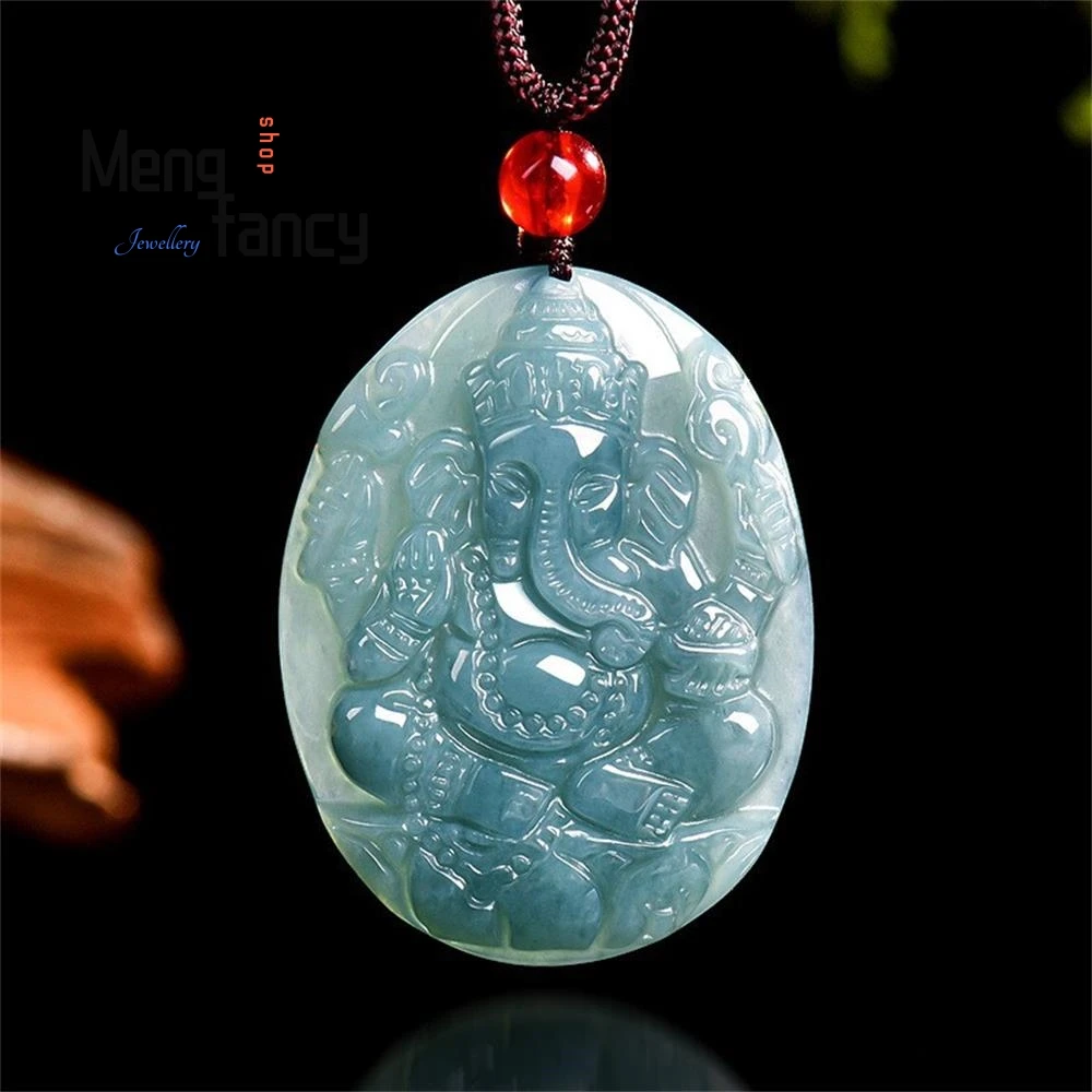 

Genuine Natural A-grade Jadeite Blue Water Elephant Trunk Wealth God Ice Type Jade Pendant National Style Mascot Fashion Jewelry