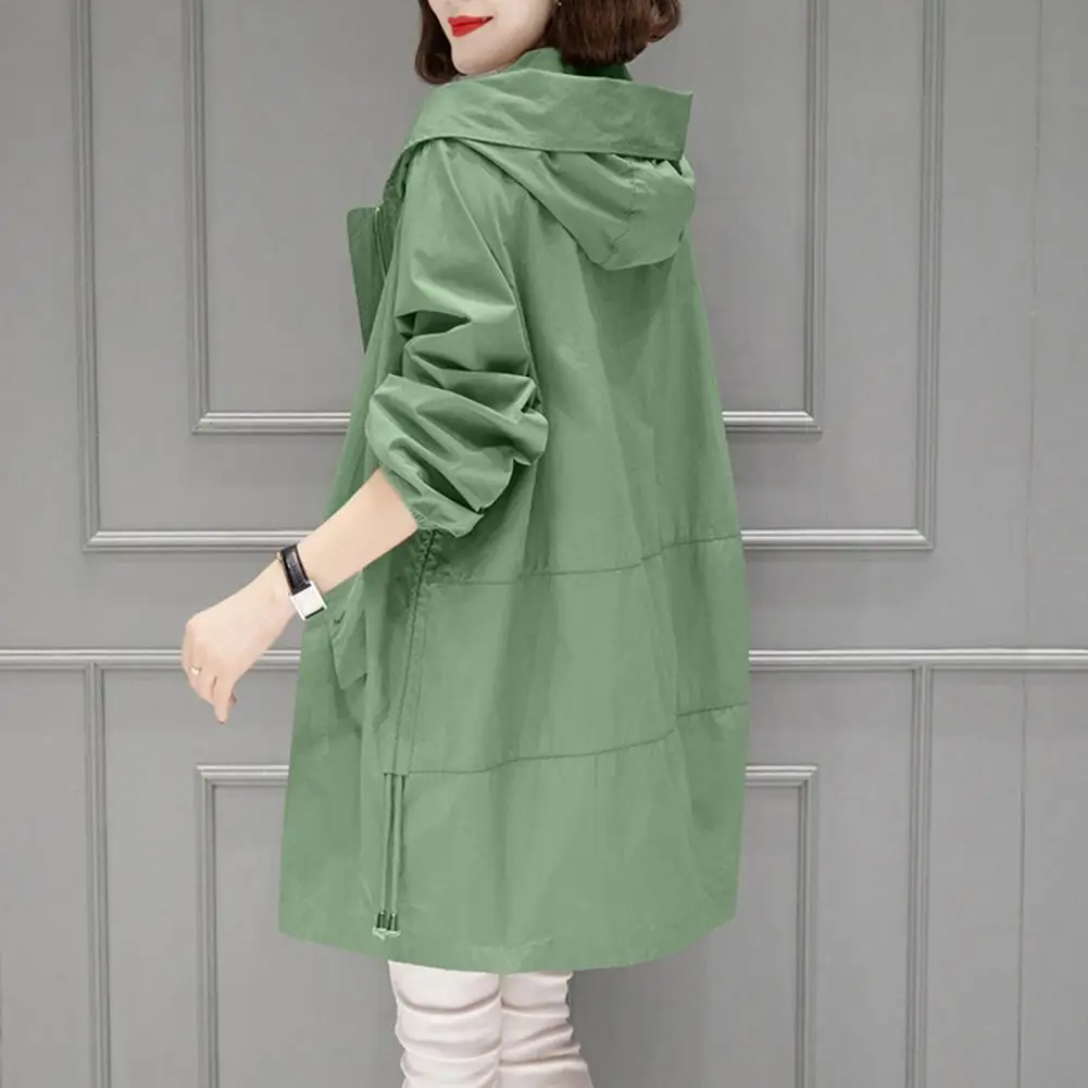 Solid Color Jacket Stylish Hooded Mid-length Women's Coat with Drawstring Zip-up Closure Pockets for Fall Spring Daily Wear