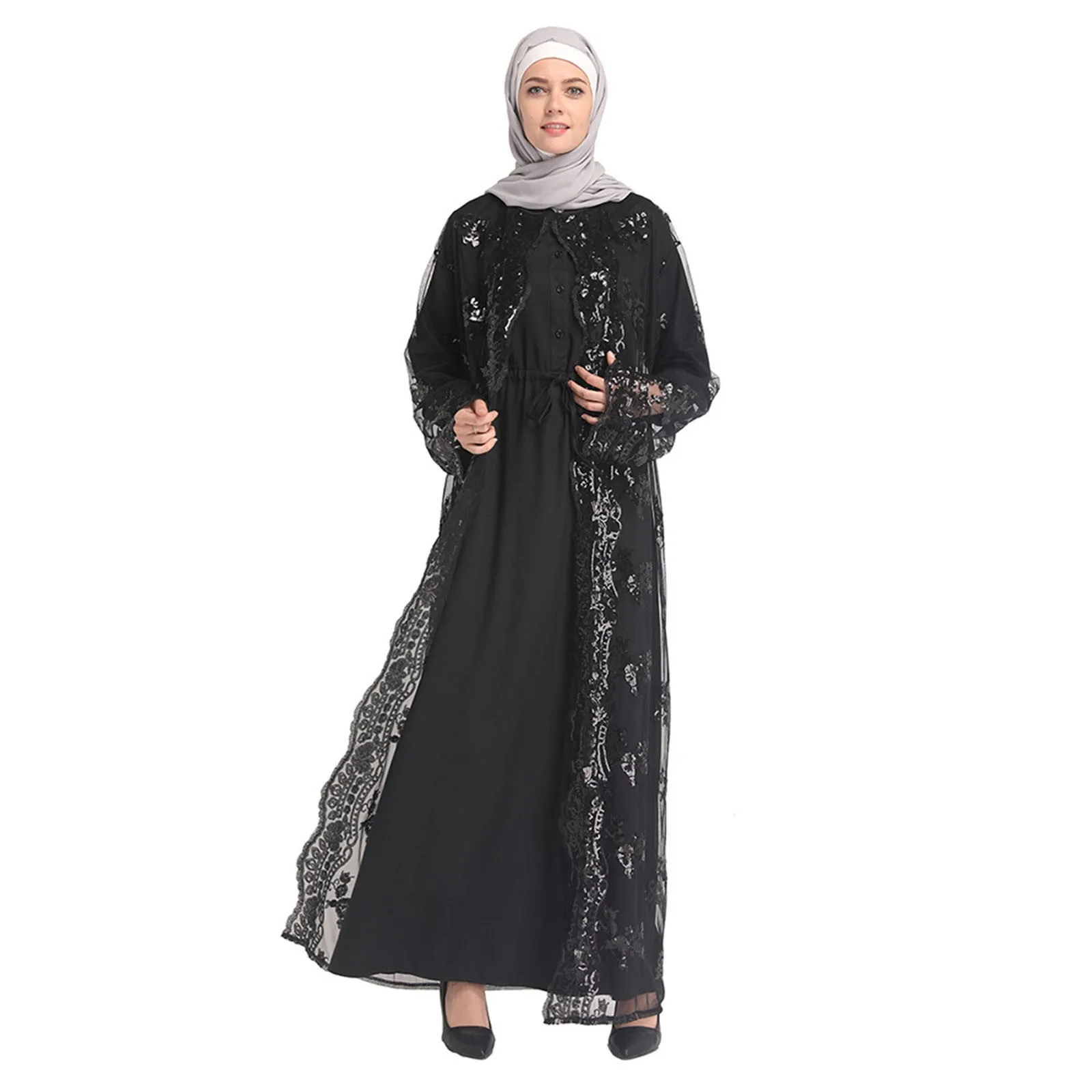 Floral Sequin Abaya Kimono Cardigan Hijab Muslim Dress Turkish Islamic Clothing Abayas For Women Dubai Kaftan Robe For Women