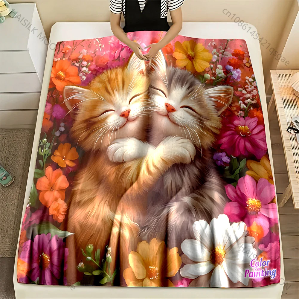 1PC Kittens Hugging Among Flowers Pattern Blanket Flannel Material Soft Warm for All Seasons Home Outdoor Camping Picnics RV
