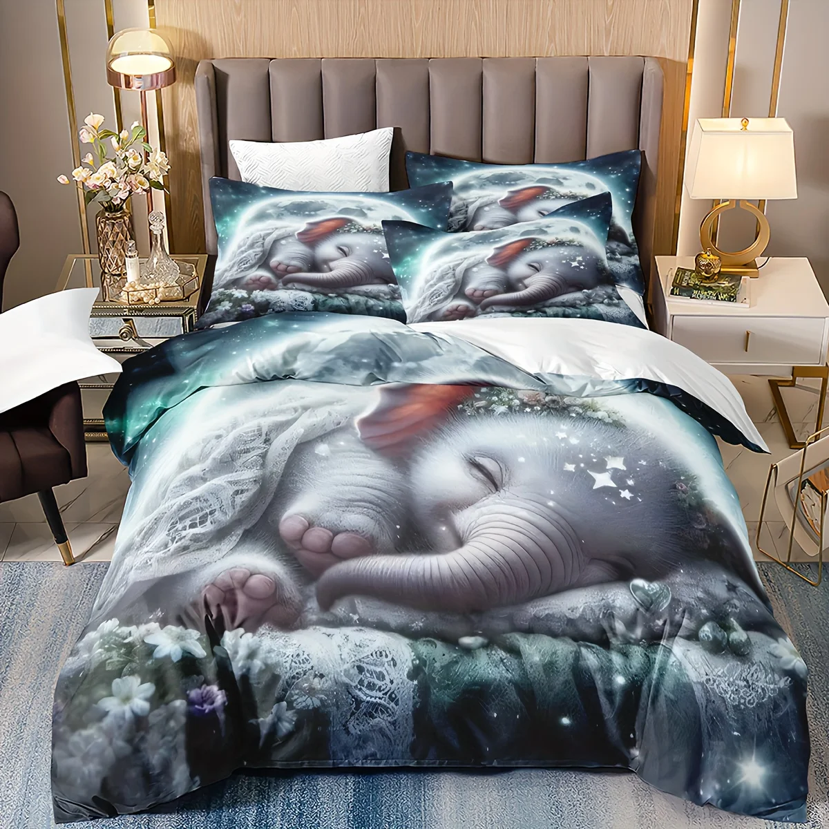 3pcs Elephant Duvet Cover Set (1 Duvet Cover + 2 Pillowcases, No Insert), Sleeping Elephant Print Bedding Set, Ultra Soft