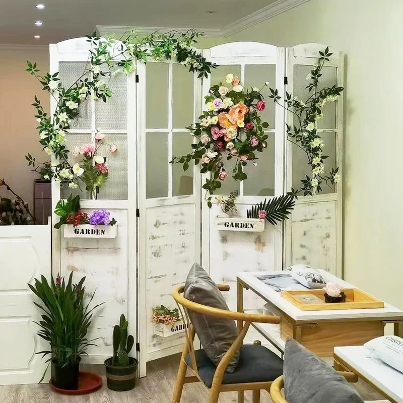 Antique Chinese solid wood screen partition clothing store retro old folding screen wedding decoration flower stand hollow