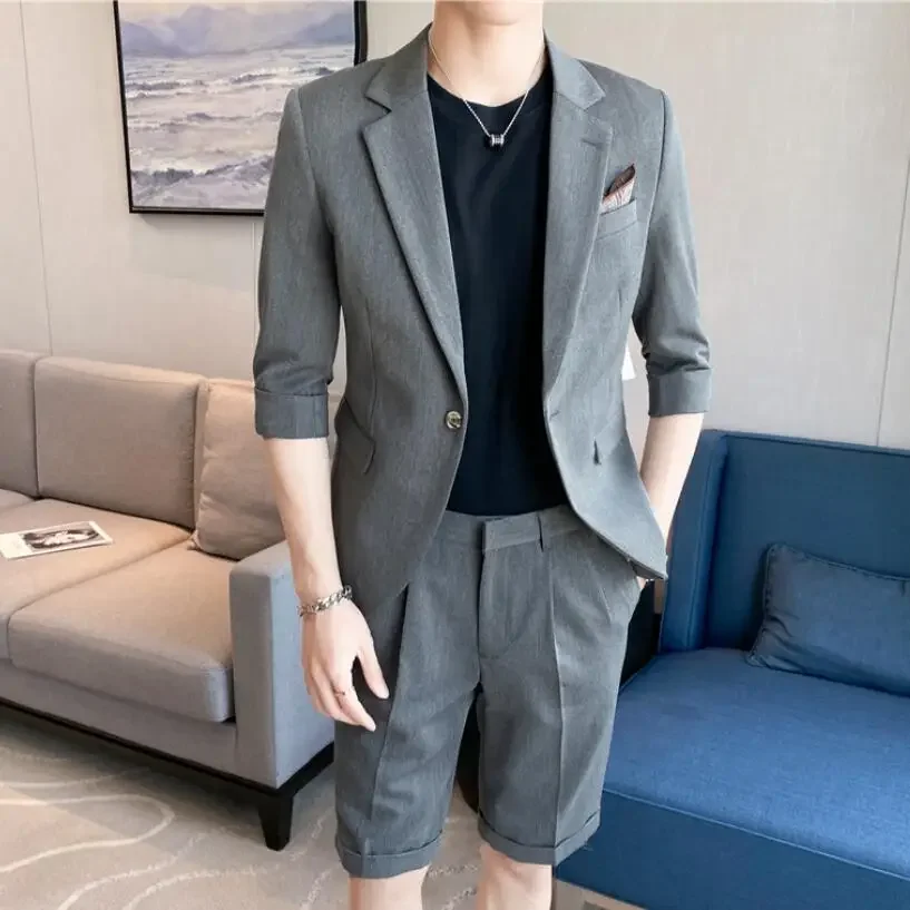 

British Style Summer Men Slim Fit Suits Fashion Trend Wedding Half Sleeve 2 Piece Suit Set Jacket Shorts (Blazer+Shorts)