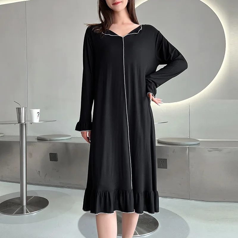 Fdfklak Modal Night Dress Women Lingerie Sexy Sleepwear Spring Summer Long Sleeve Nightgown V-Neck Leisure Girls Nightdress