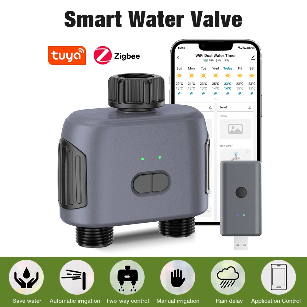 Zigbee Tuya Smart Garden Sprinkler Water Timer Rain Delay 2 Way Programmable Automatic Irrigation Controller Smart Life