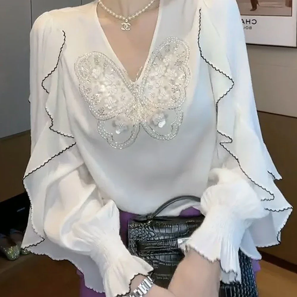 Small shirt, fashionable socialite, butterfly sequin new style shirt, women's flesh, slimming shirt trend  women tops