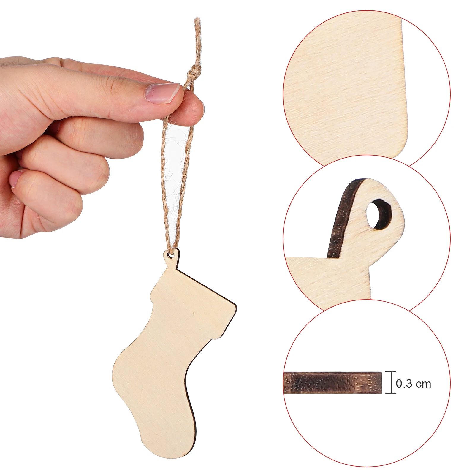 

50Pcs Wood Stockings Wooden Pieces Safe Christmas Hanging Decorations Home Festival DIY Stockings Craft Supplies