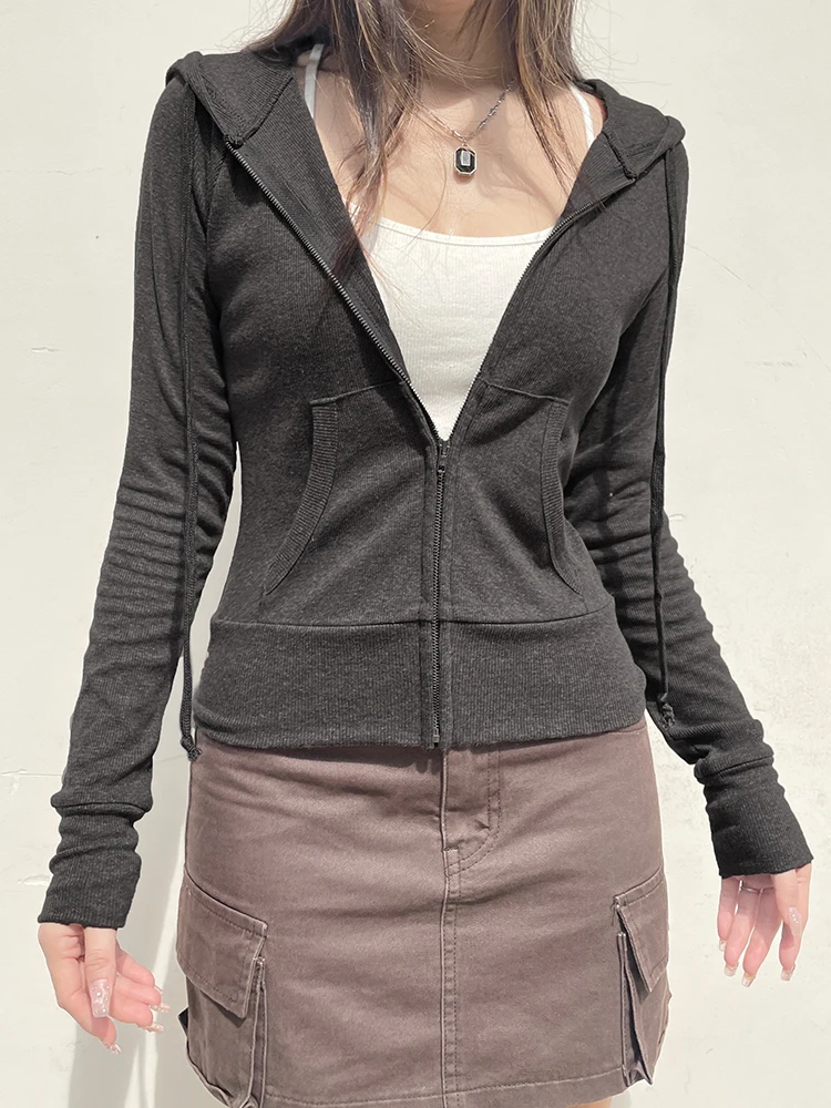 

WEEKEEP American Style Casual Grey Zipper Hooded Open Cardigan Sweatshirt Women's Slim Fit Versatile Sport Short Outerwear