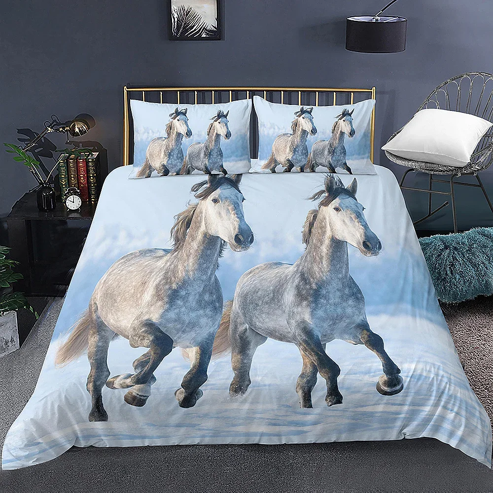 3D Animal Printed Duvet Cover Set Domineering Galloping Horse Bedding Set Soft 2/3pcs Polyester Quilt Covers with Pillowcase