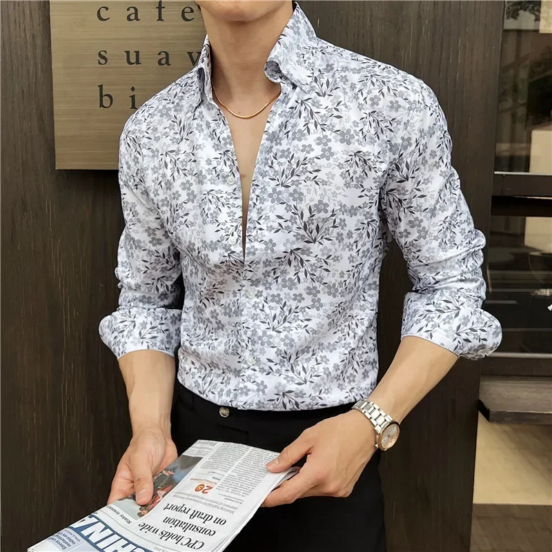 

Men Printed Shirt Autumn Style British Style Long Sleeved V-neck Fashion Casual Slim Fit Shirt High-quality Men Clothing WT141