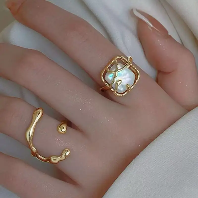 

Ring Creative Niche Design Irregular Imitation Pearl Ring 2-piece Set Light Luxury Cold Ring With Adjustable Finger Ring Opening