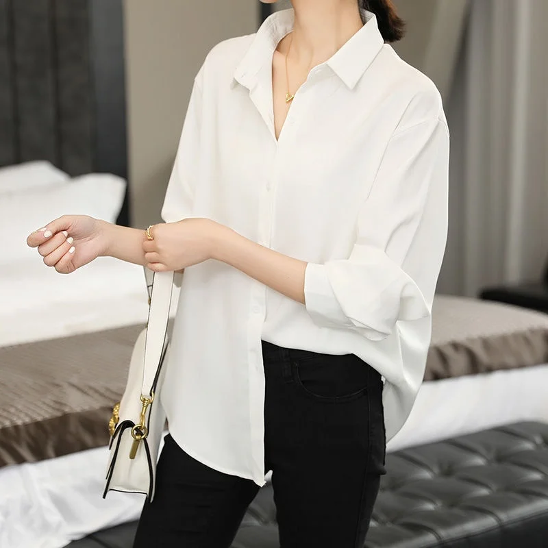

Women's Bla Silk Chiffon Satin Long Sve irt Commute Sle Collar Thin Non-Sinkage Spring Faion Ladies' irt