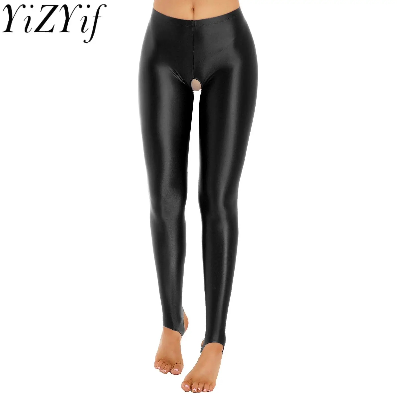 

Womens Sexy Open Crotch Leggings Pants Glossy Stretchy Solid Skinny Trousers Underwear Nightwear for Nightclub Valentines Day