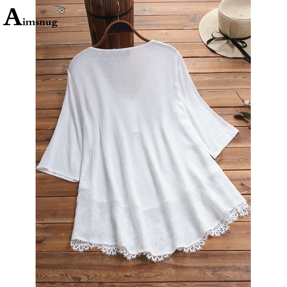 Blusa de encaje Vintage para mujer, Top elegante de manga tres cuartos, jerséis holgados, ropa de verano, talla grande 5xl, 2022