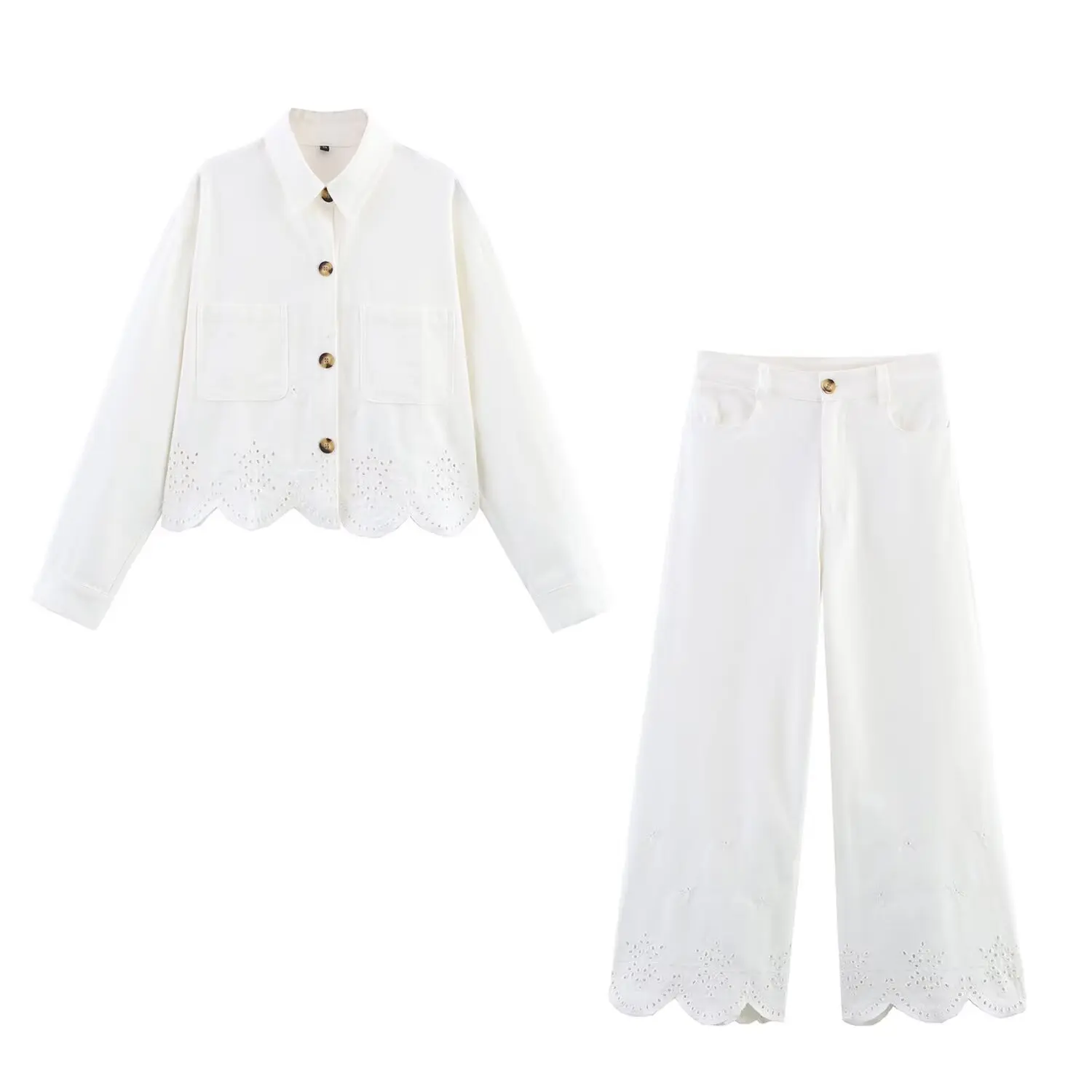 

Women's new fashion casual single breasted hollow embroidered shirt coat retro long sleeved women's shirt chic top+Pants suit