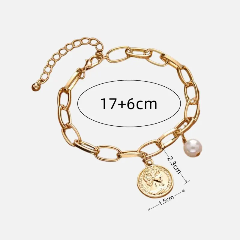 1pcs Gold-color Bracelet Ladies Simple Style Thick Cross Chain With Love Human Head Cross Pearl Pendant