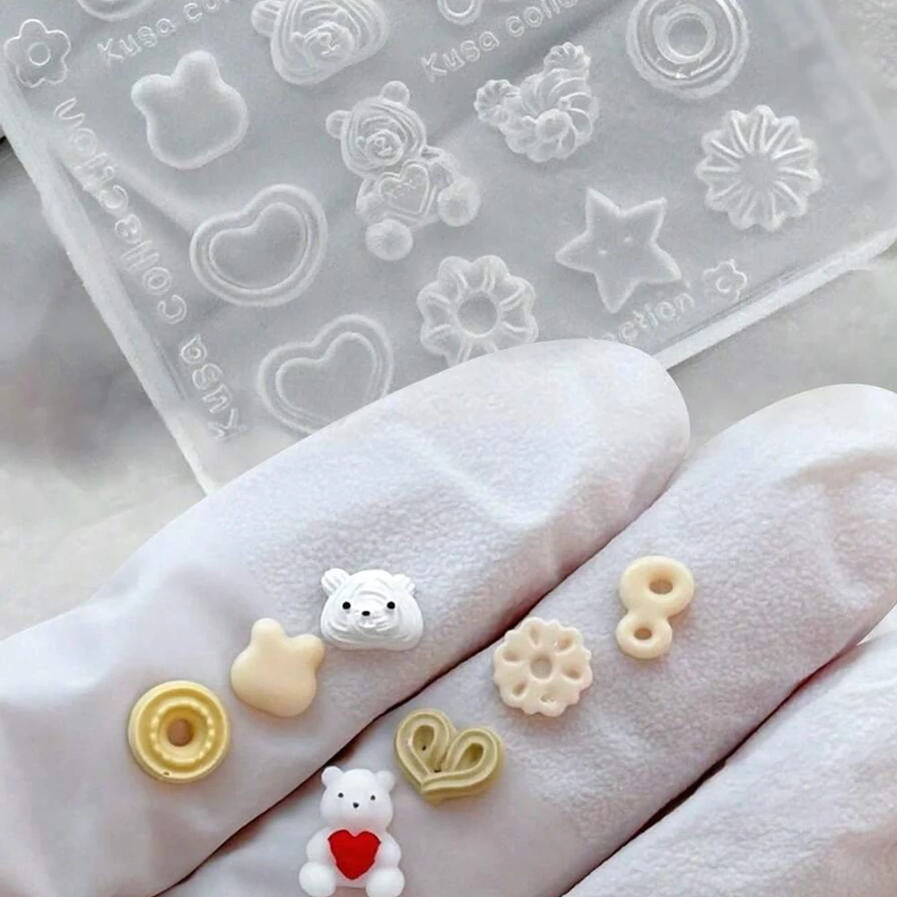 2pcs DIY Reusable 3D Nail Silicone Mold Cute Fun Cookie Party Nail Decoration for Nail Salon Charm with Silicone Pen