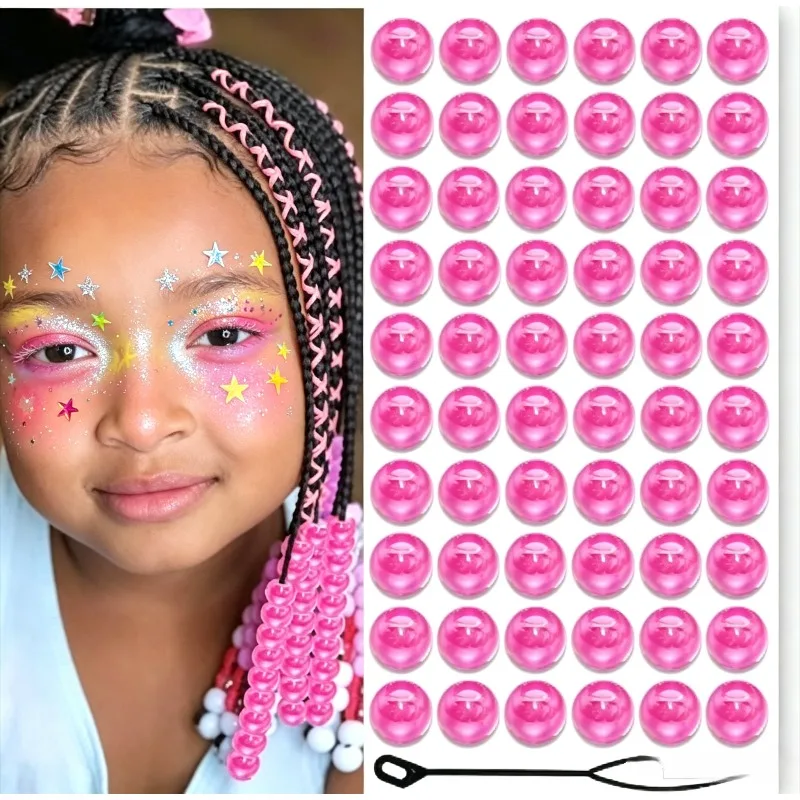 60PCS Iridescent Hair Beads for Braids, Large Hole Acrylic Pony Beads with Beader Tool for Kids Box Braids, Holographic Dreadloc