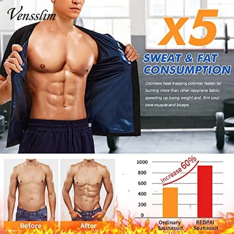 Vensslim Sweat Sauna Suits Men Polymer Zipper Body Shaper Slimming Short Sleeve Waist Trainer Heat Trapping Compression Corset