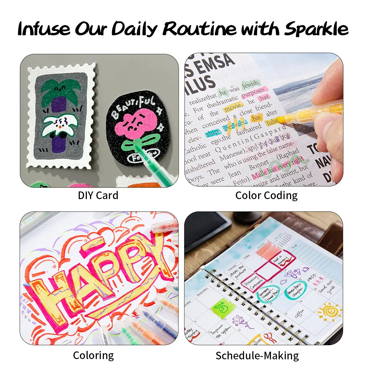 Glitter Highlighters,Chisel & Fine Double Color,Sparkle Highlighters, Color Layering,No Bleed Colors Highlighter Marker Pens