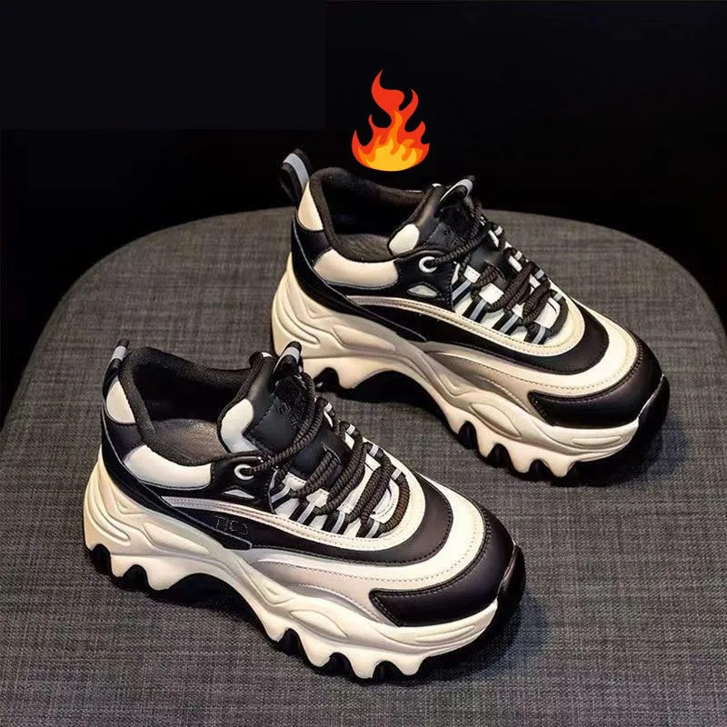 2025 Winter Chunky Daddy Shoes for Women Fashion PU Leather Height Increasing Platform Sneakers Ladies Warm Plush Casual Shoes