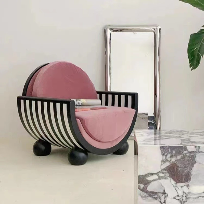 

French antique single smile fabric sofa retro living room fashion leisure chair surprise quiet black and white striped solid