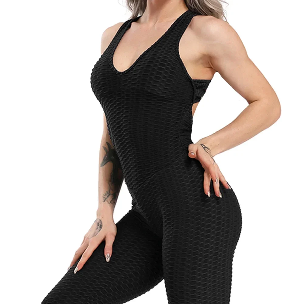 Women Halter Yoga Set Black Activewear Sexy Bandage Sleeveless Jumpsuit Skinny Rompers Solid Elastic Bodycon Fitness Sport Suits
