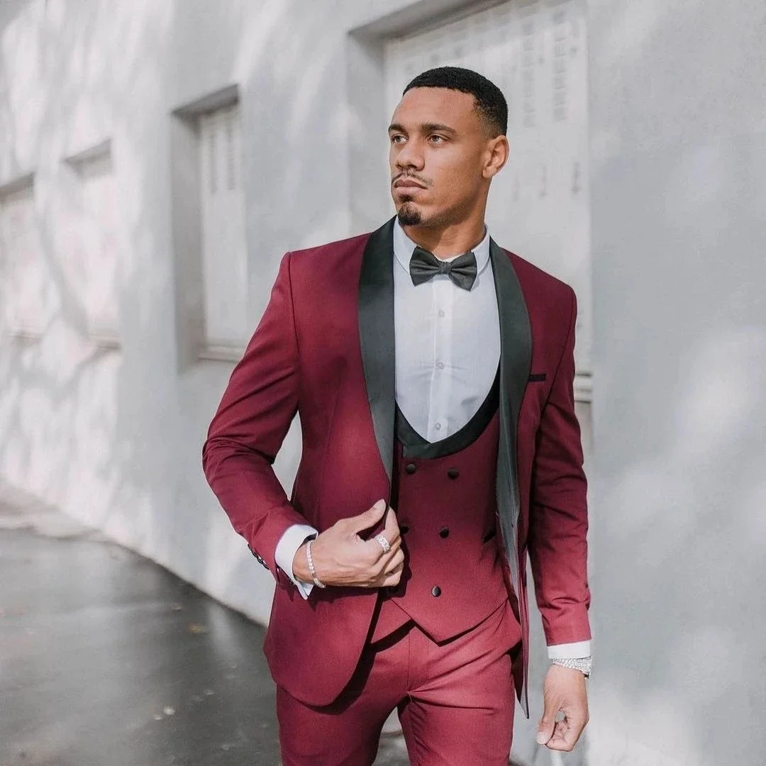 Elegant Burgundy Formal Wedding Men Suit Groom Tuxedo Prom Slim Fit Blazer Hombre High Quality Custom 3 Piece Set Custom Homme