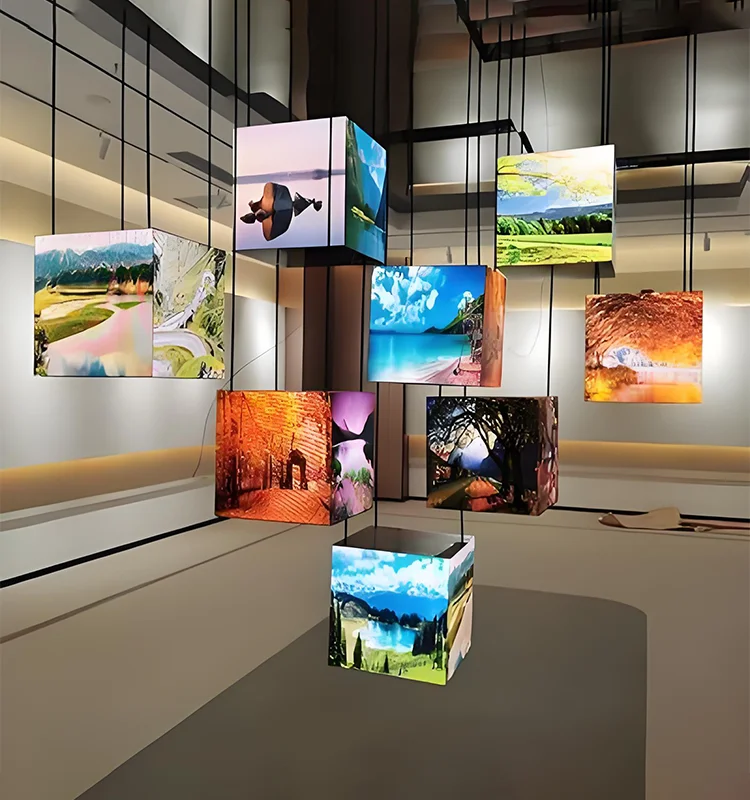 شاشة LED مكعبة زاوية سحرية P2.5 متقدمة، شاشة LED داخلية كاملة الألوان لتمرير تشغيل الفيديو والصور #4