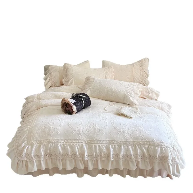 Winter French carved cream wind milk fleece four-piece set, thickened coral fleece
