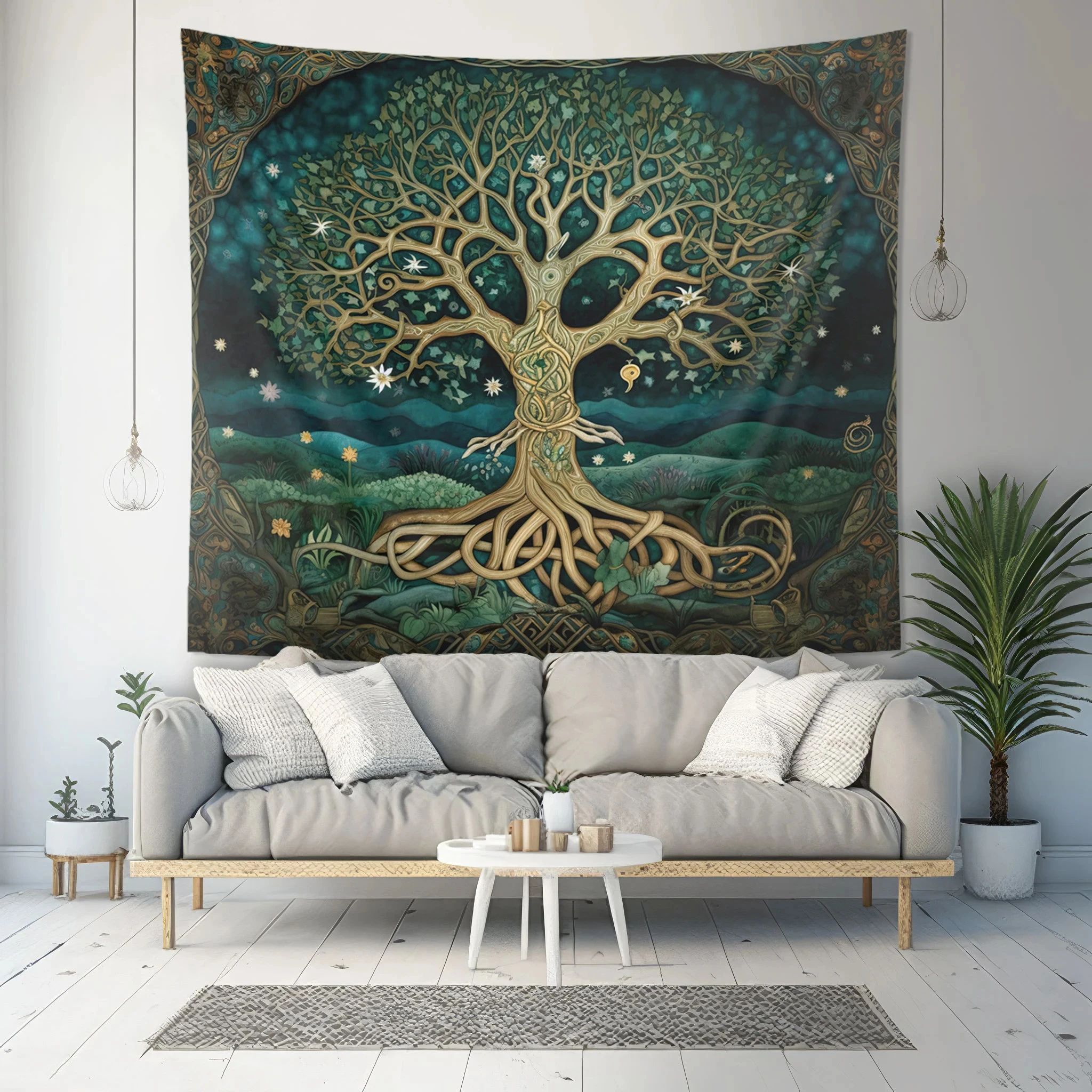 VIKAMA Celtic Tree of Life Tapestry Nordic Mythical Background Cloth Retro Deep Green Living Room Decoration Room Decoration