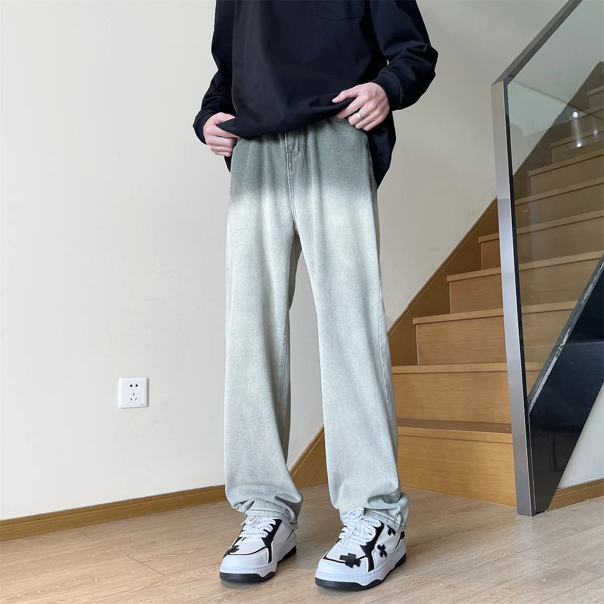 

Gradient Color Men's Straight Leg Jeans American High Street Style Spring Autumn New Trend Vintage Washed Denim Pants