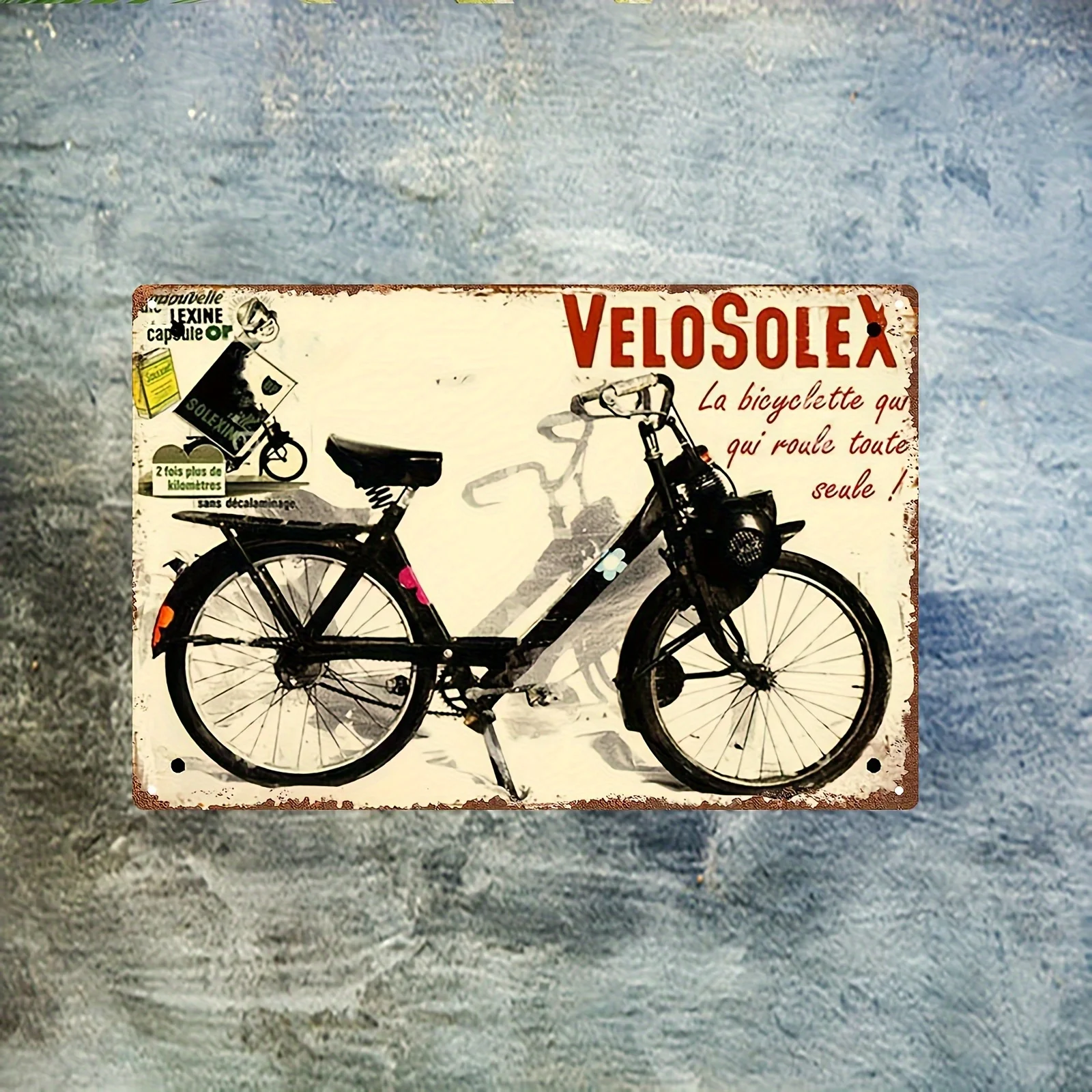 Panneau mural en métal vintage 2D plat, 1 pièce, mesurant 20,32 x 30,48 cm, avec motif de vélo rétro et design VELO SOLEX, français