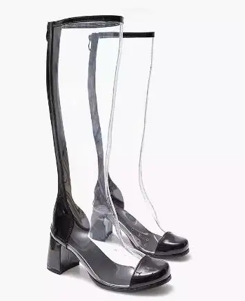 Retro Girls White Black Red Patchwork Transparent PVC Square Toe Knee High Boots Women 65 mm Block Heel Zipper Back Long Boots