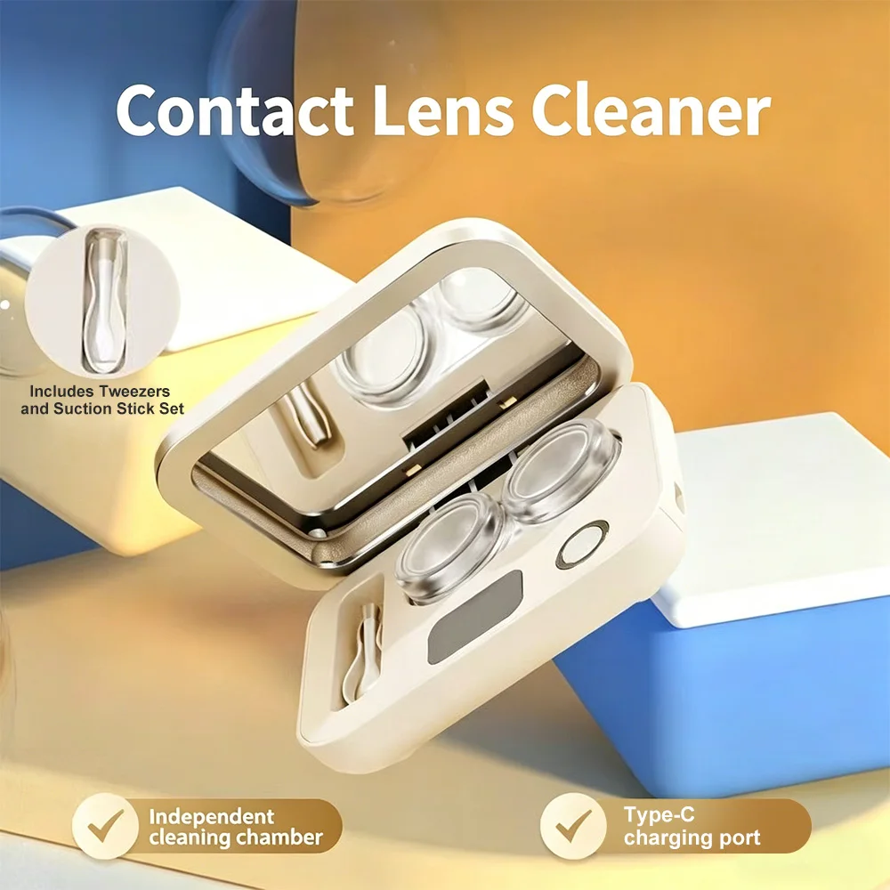 Contact Lens Cleaner High Frequency Vibration Cleaning Case with Multifunctional Makeup Mirror Beauty Pupil Storage Box