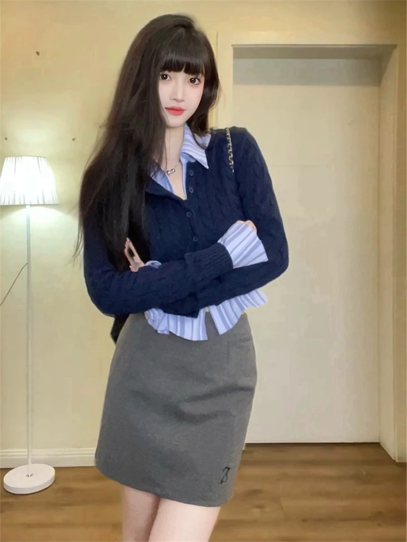 Preppy Style Japanese Korean Spicy Girl JK Uniform Set Striped Long Sleeve Shirt Knitted Cardigan Wrapped Hip Skirt 3-piece Set