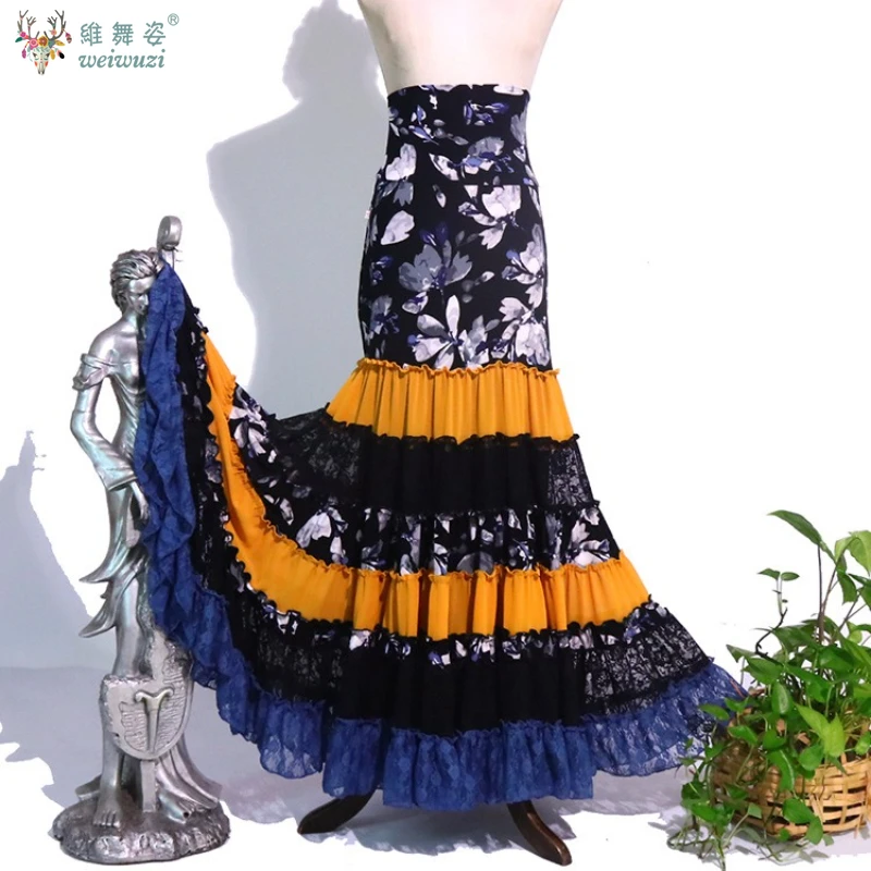 Traje de danza Flamenca española de alto rendimiento elástico para adultos y niños falda de cola de pez adelgazante de cintura alta personalizada