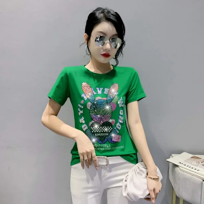 #5112 Black White Green Short Sleeve T Shirt Women Cartoon Diamonds Sexy Skinny Streetwear Tee O-neck Slim Elastic Cotton