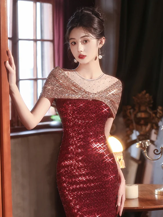 

Ele Long Tail Fi Wedding Dr iny Sequin Slimming New 2025 Evening Gown Banquet Year End Par Performance Dr