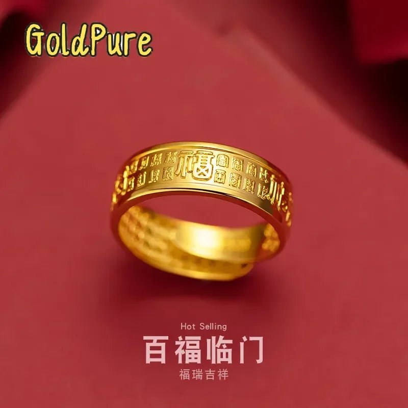 

Goldpure Luxury 24K 9999 Pure Gold real gold Open Baifu Men's Ring Lucky Boss Ring Adjustable