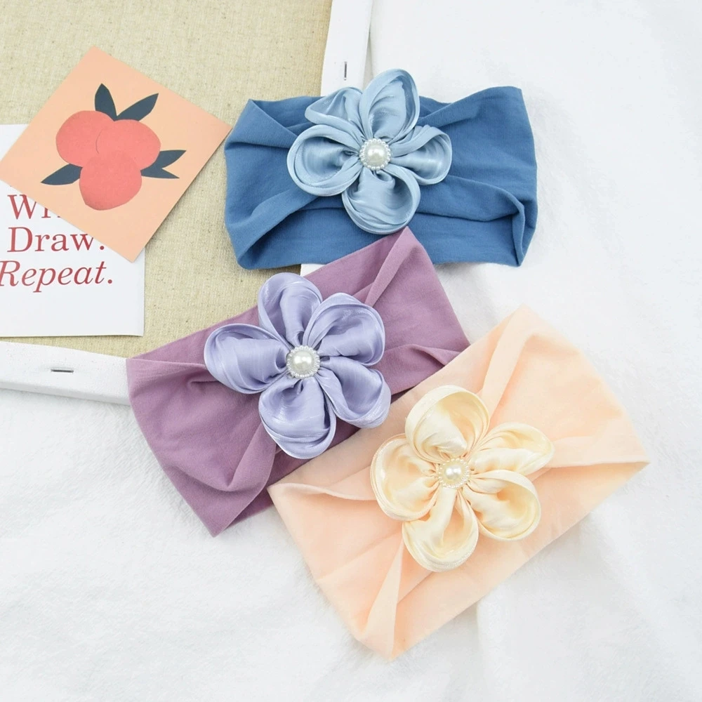 

Baby Girls Nylon Headband Children Satin Flower Hair Accessories Nylon Turban for Kids Pearl Headwrap Toddlers Bebes Hairband