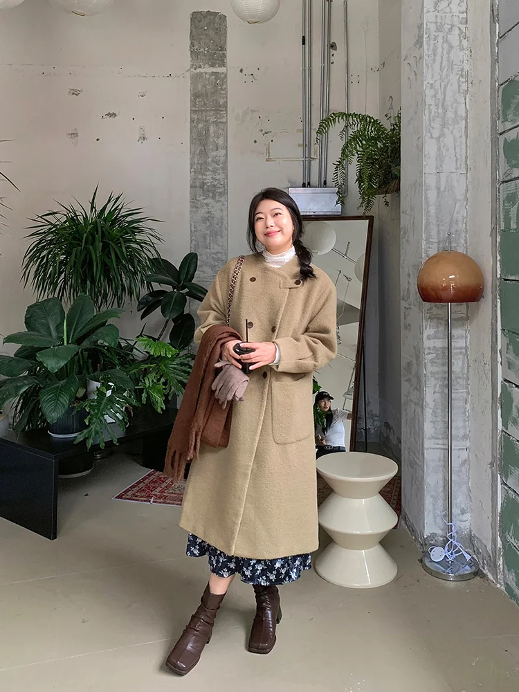 

Женское шерстяное пальто Lin Da Huae High-End Camere с круглым вырезом, средней длины, на двух пуговицах, зимнее, новое, повседневное, для работы и отдыха