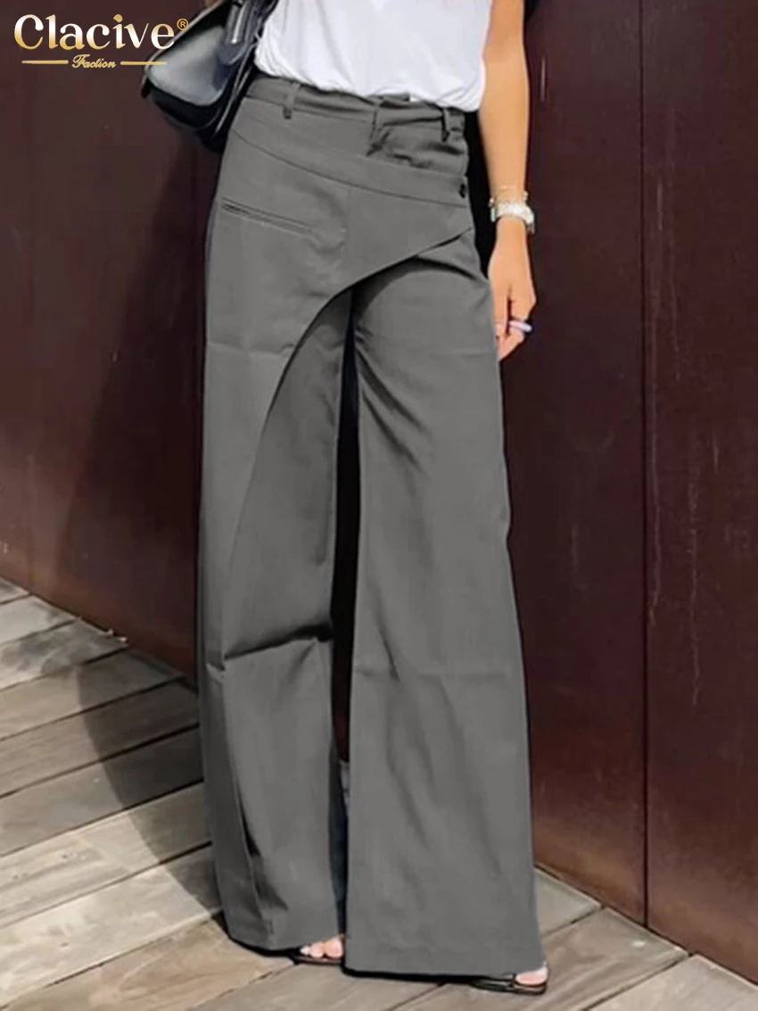 Clacive موضة فضفاضة رمادي سراويل نسائية 2026 ربيع عالية الخصر بنطال واسع سيدة أنيقة كلاسيكية الصلبة السراويل الملابس النسائية