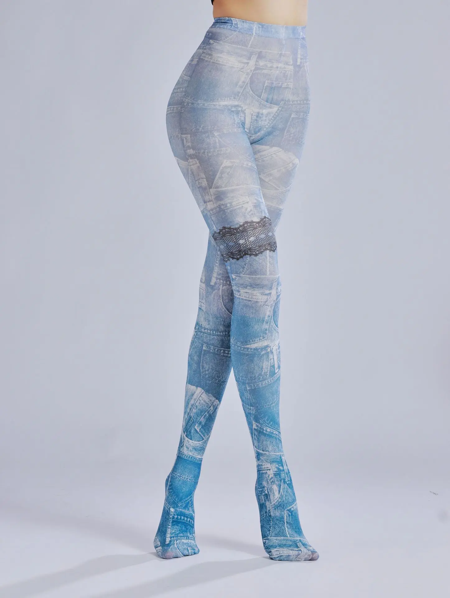 Fashion Personality Attraction Imitation Jeans Pattern Print Pantyhose Punk Light Blue Hottie Sexy Trend Drawing Tights
