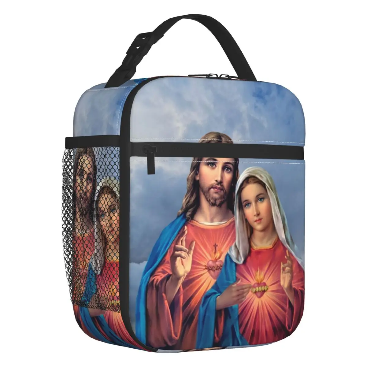 

Sacred And Immaculate Hearts Insulated Lunch Bag for Work Catholic Jesus and Mary Waterproof Thermal Cooler Bento Box Women Kids