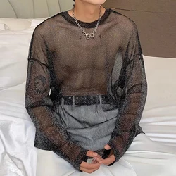 Nightclub Tops Mens Sexy Transparent Glitter Mesh T Shirts Fashion Long Sleeve O Neck See Through Basic Tops Men Streetwear Tees